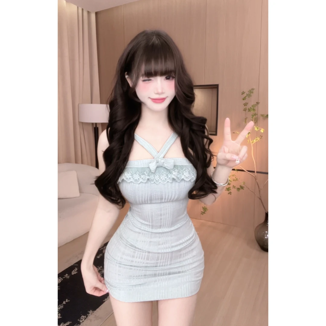 【钓系佳人】小众交叉蝴蝶结挂脖针织连衣裙1343