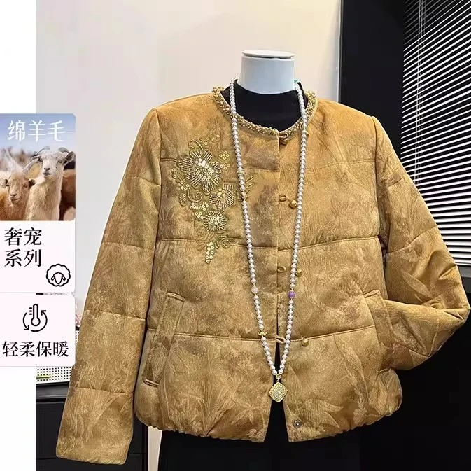 新款妈妈冬装新中式国风绵羊毛棉袄中老年贵夫人刺绣品牌短款外套