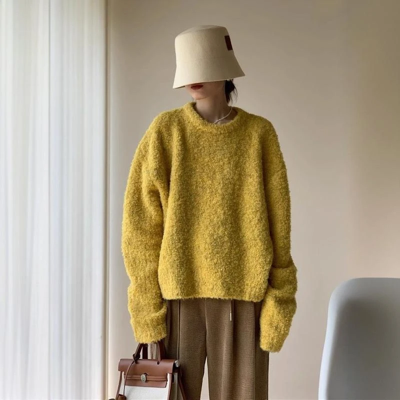 毛茸茸百搭毛衣2025圈圈绒黄色毛衣圆领秋冬针织上衣套头复古宽松