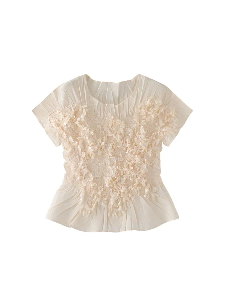 015碎花拼接褶皱T恤