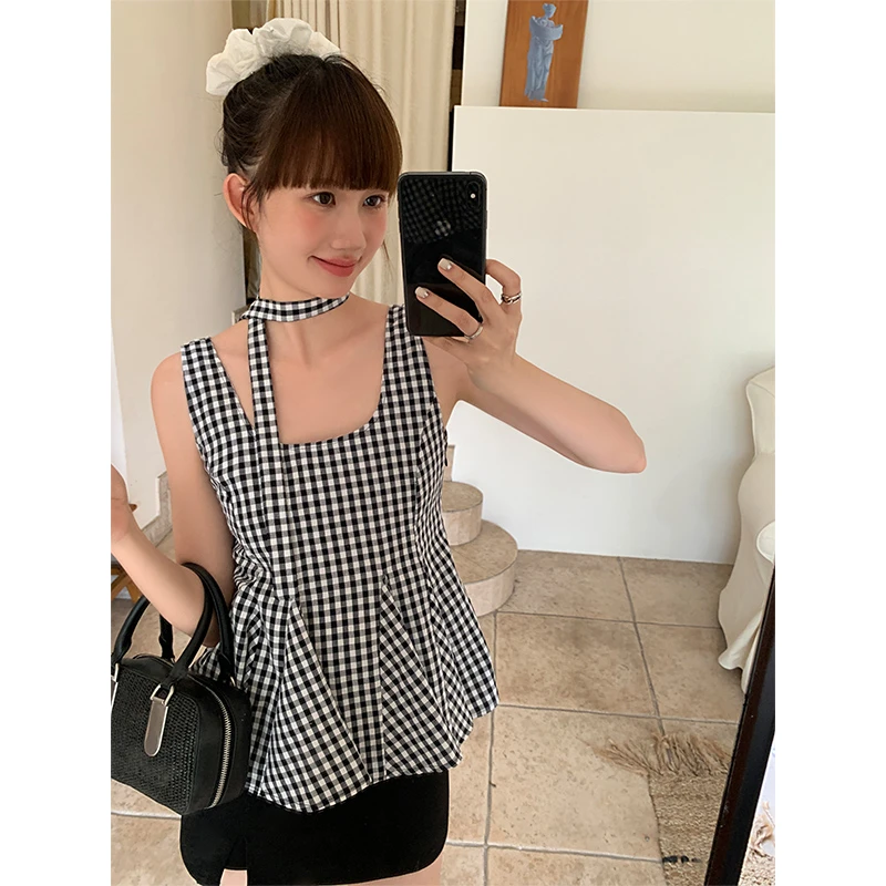 左佳琪 韩版时尚气质显瘦百搭格子挂脖丝带荷叶边背心上衣
