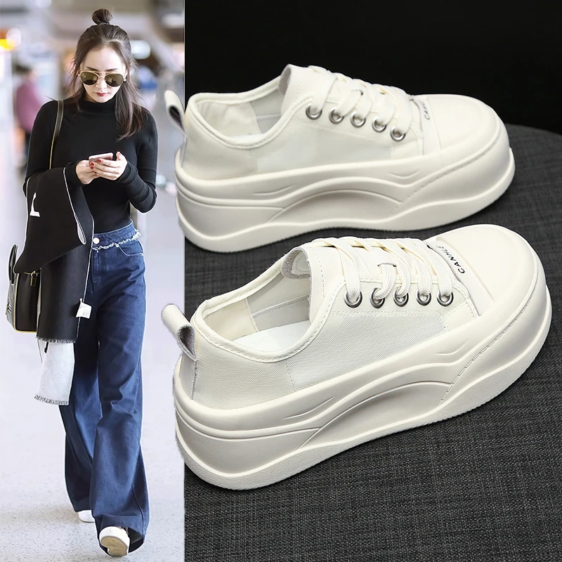 6cm增高帆布小白鞋女爆款休闲鞋绸缎材质学生厚底显瘦松糕鞋女鞋