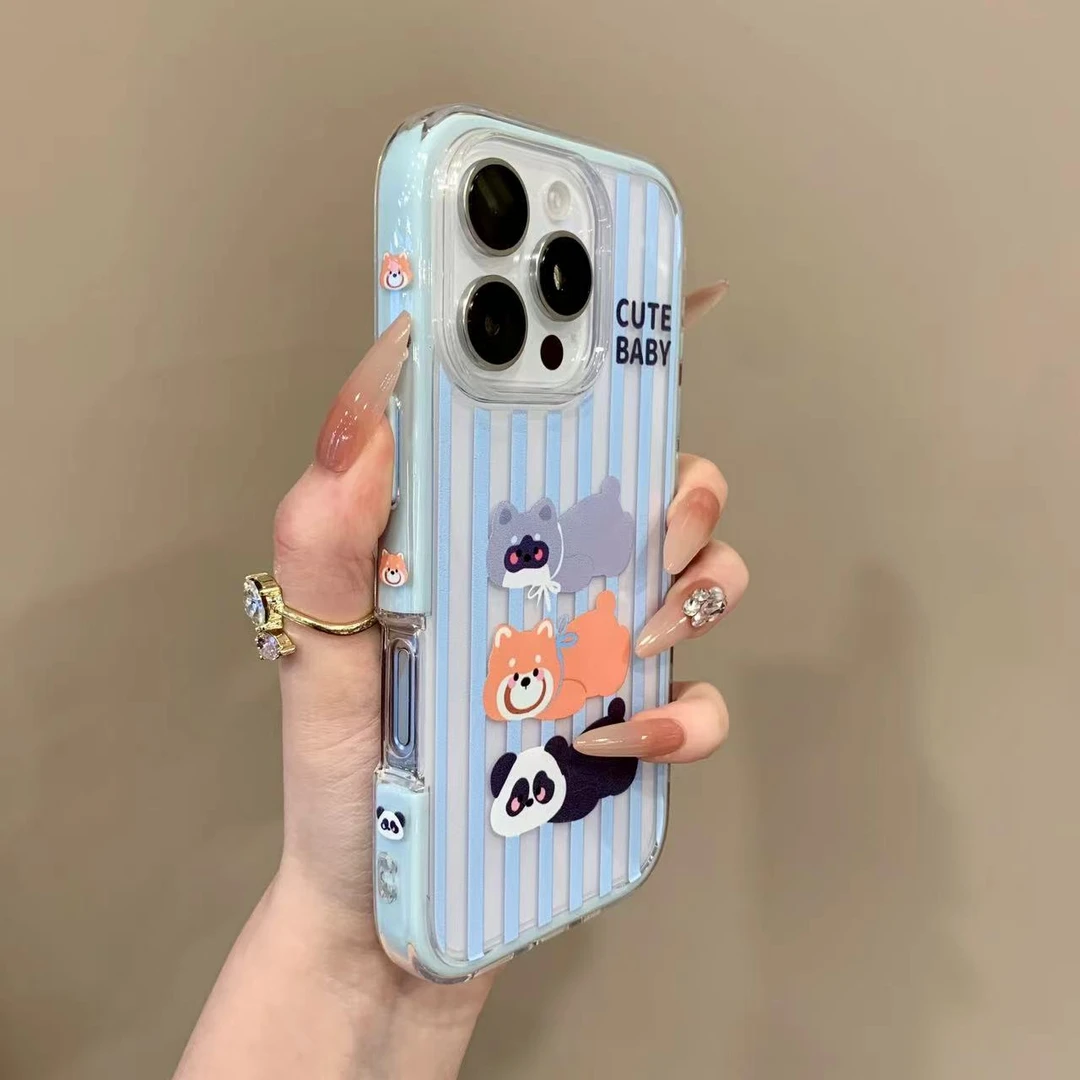 韩风可爱小猫趴趴熊猫适用iPhone16苹果15手机壳14侧边图案13支架
