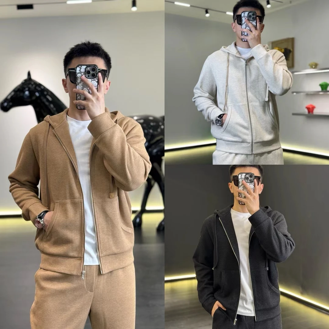 (秋款）古帝特尼拉链纯色开衫收口袖连帽卫衣宽松上衣套装Z-3257男