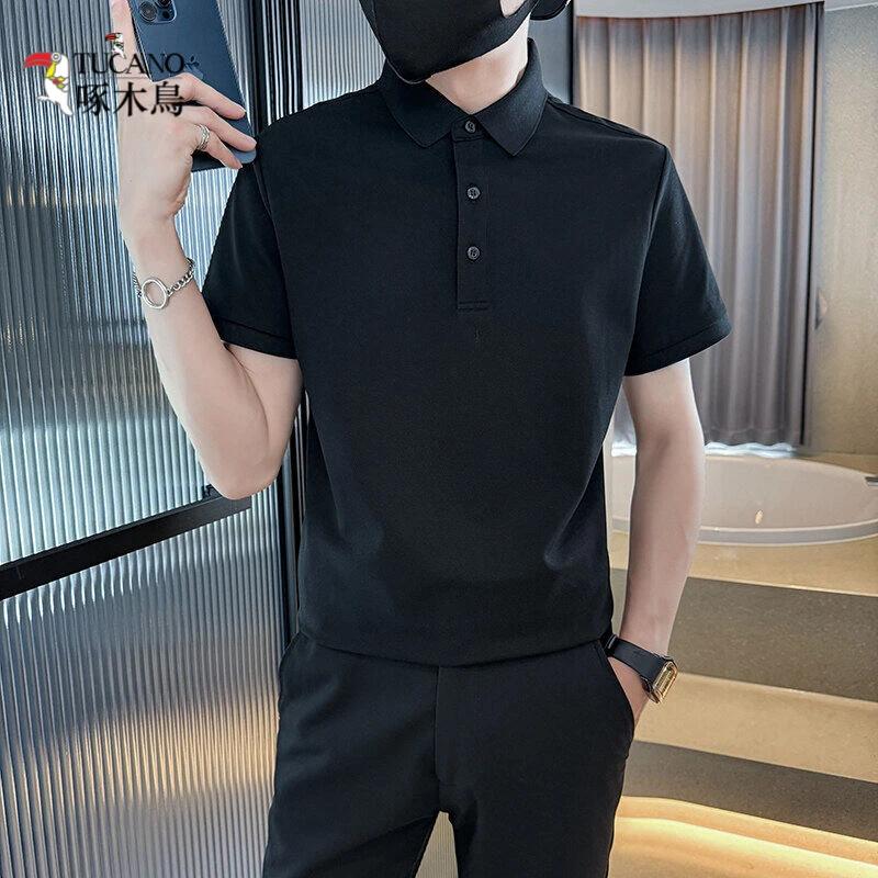 啄木鸟黑色短袖男polo衫痞帅衬衫高端潮牌商务休闲男装上衣2025新
