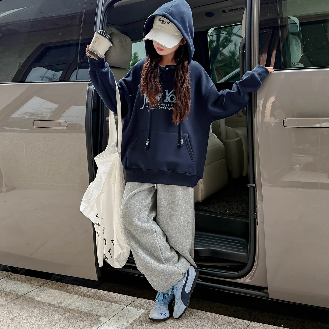 25WY066女童2025秋冬新款加绒卫衣女大童冬季加厚重工上衣