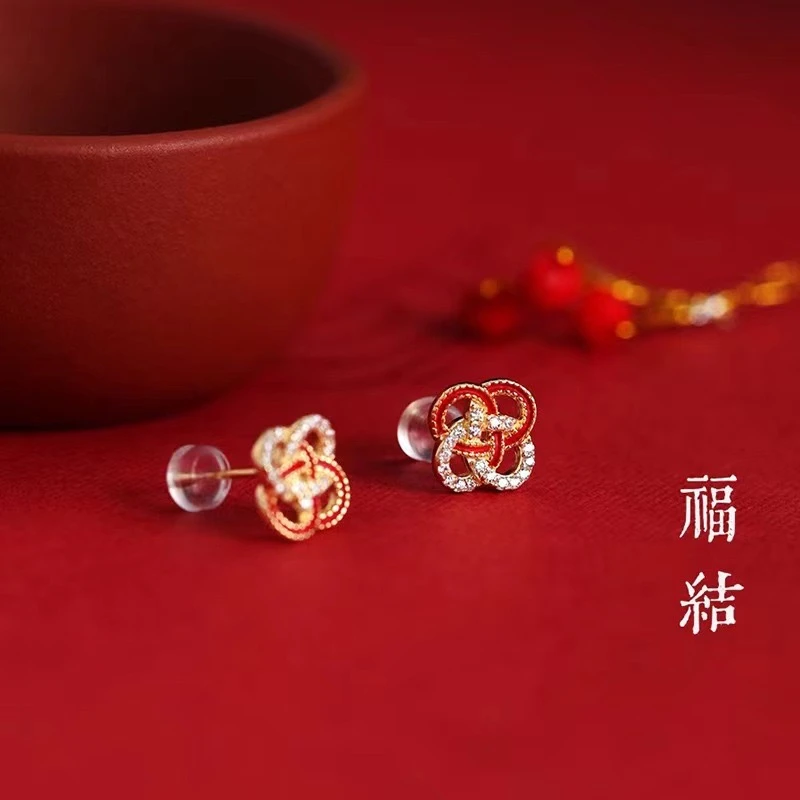 铜合金耳饰 气质红色新款中国结耳钉福结耳环小巧时尚百搭F1404