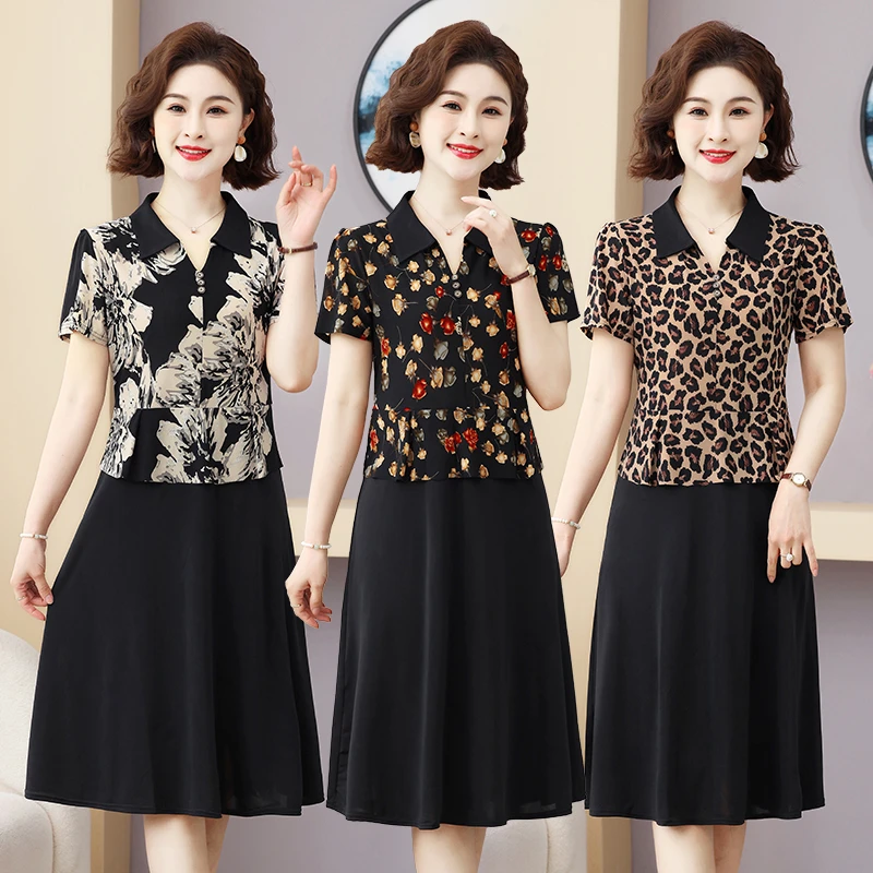 新款妈妈装夏装短袖假两件连衣裙中老年女改良旗袍裙中长款裙子