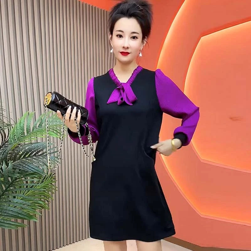 春夏季女士假两件显瘦连衣裙女新款飘带拼接长袖洋气显瘦中长裙子