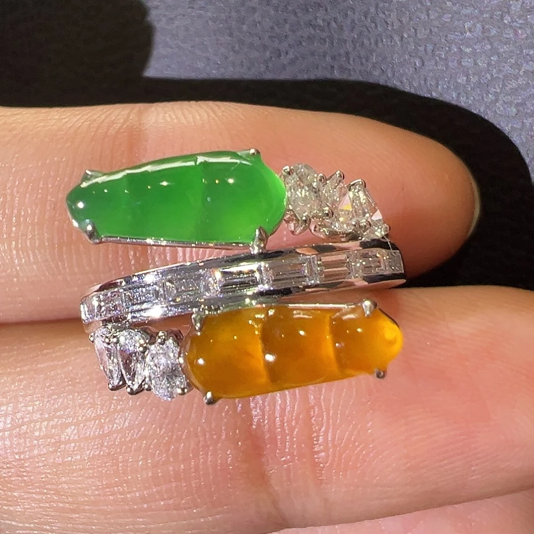 翡翠18K金镶嵌戒指双色福豆戒指