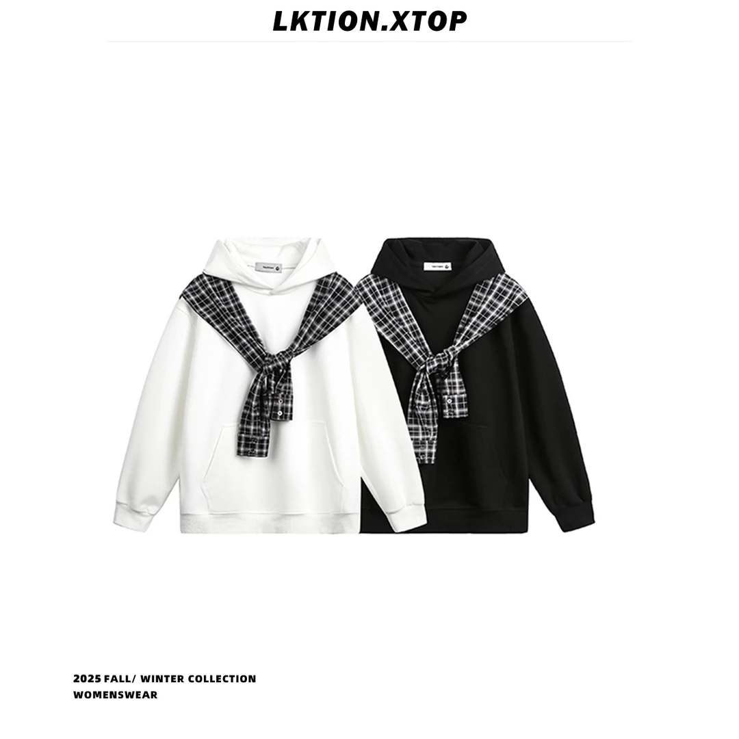 LK正品 痞帅潮 秋冬百搭潮流连帽宽松拼接学院风长袖套头卫衣外套