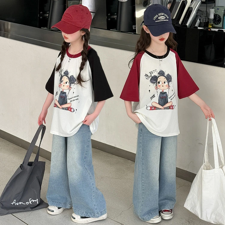 儿童衣服女孩2025新款爆款女童夏装套装大童短袖阔腿牛仔裤两件套