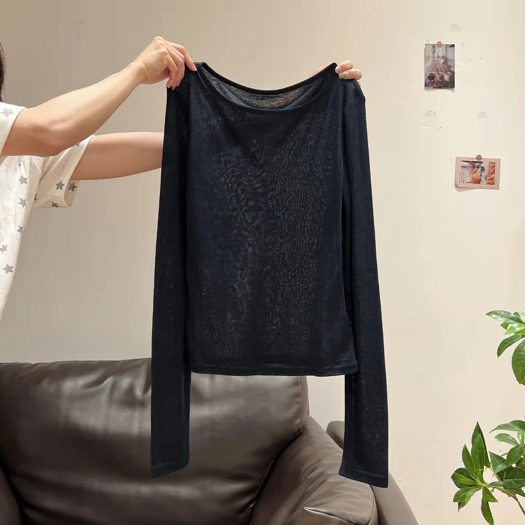 藏蓝圆领正肩打底长袖T恤女2025秋季新款内搭吊带背心上衣两件套