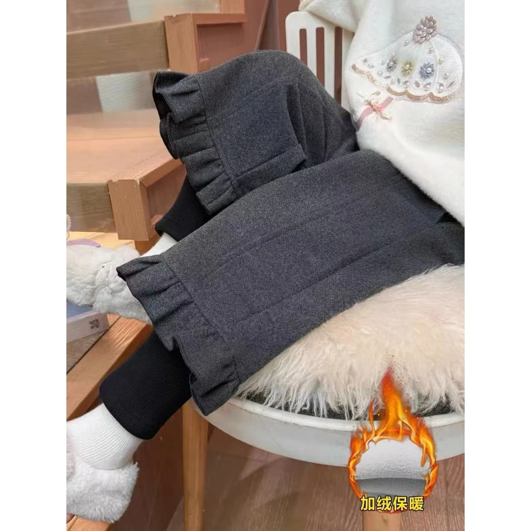 女童加绒裤子秋冬季2025新款儿童洋气加厚假两件宝宝一体绒休闲裤