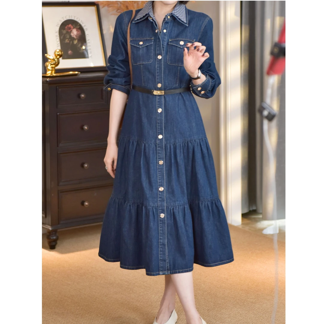 短视频VEE【蓝莓起司】新款时尚复古休闲显瘦蓝色中长款牛仔连衣裙