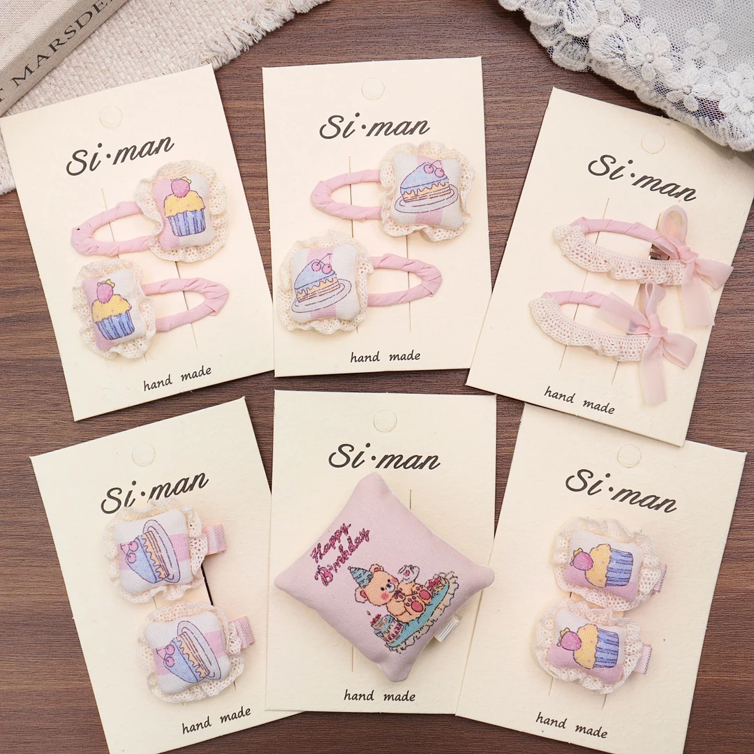 满9.9飞 新款卡通蕾丝花边蛋糕印花女孩BB夹压夹刘海夹小号发圈