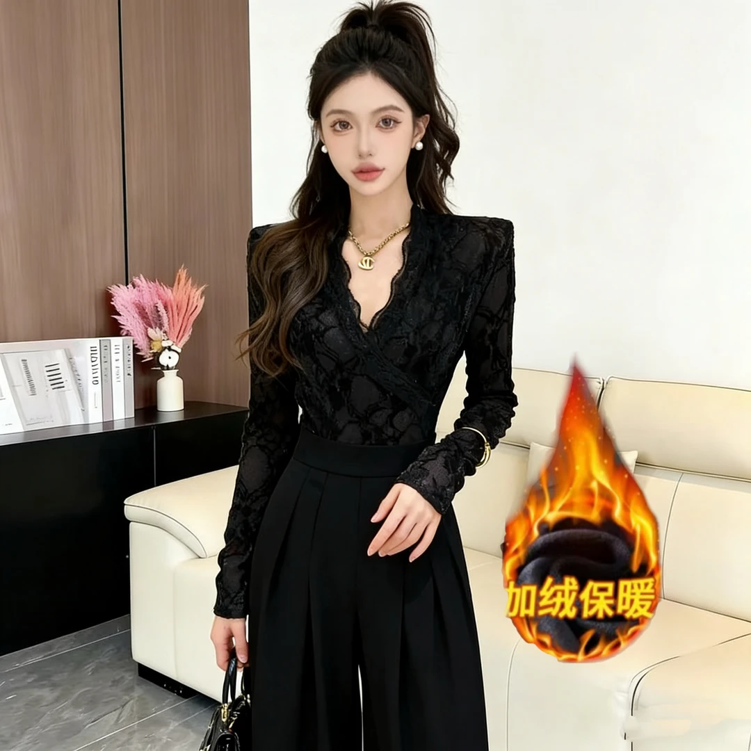 【联系客服有运补】港味秋冬加绒蕾丝纯色气质修身时尚打底衫961