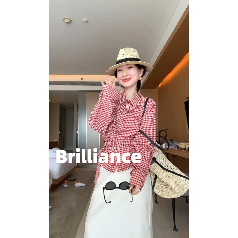 【红格衬衫】复古红色系带长袖格子衬衫