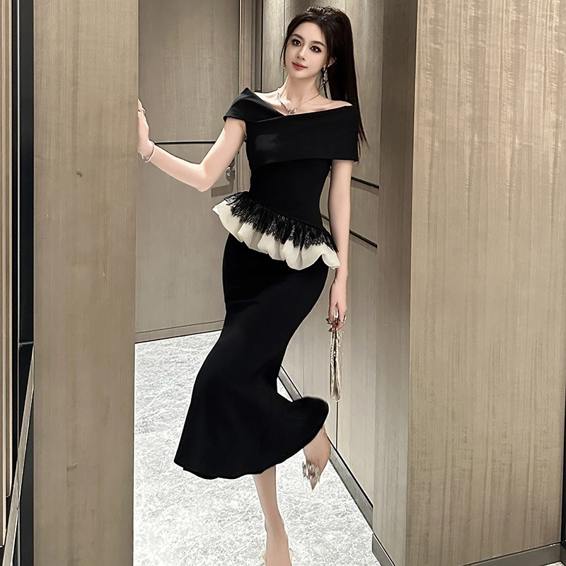 黑色连衣裙女夏设计感一字肩宴会礼服假两件修身显瘦气质包臀裙子