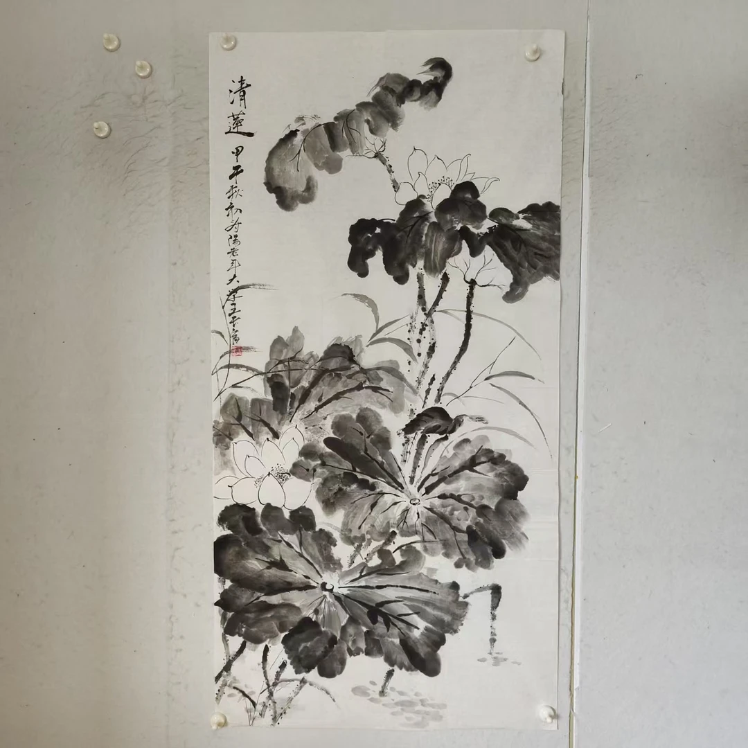 4680 多年前纯手绘老字画《青莲荷花》中堂  尺寸 137×68