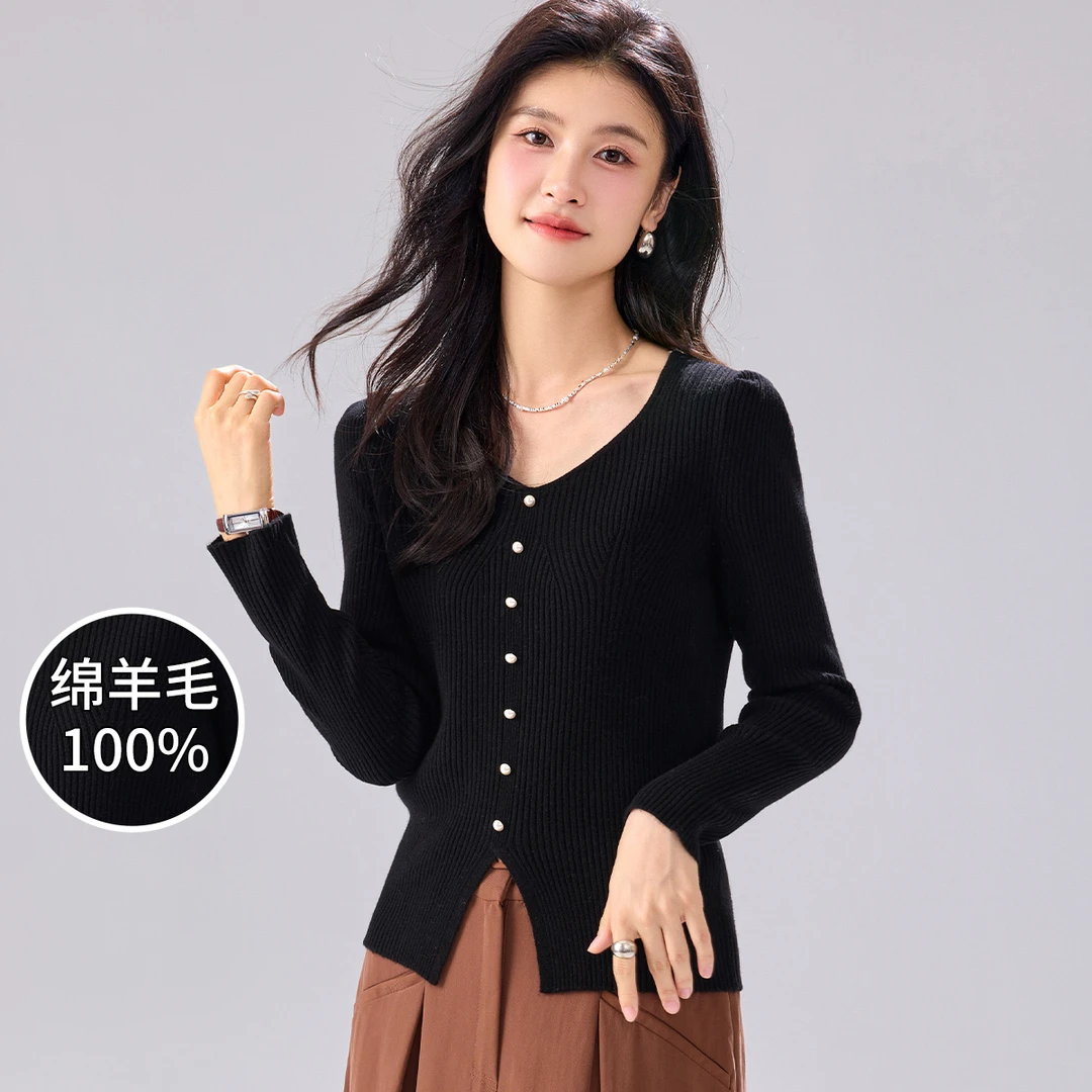 金菊【绵羊毛100%】2025秋季新款纽扣装饰简约女式羊毛衫W8582271