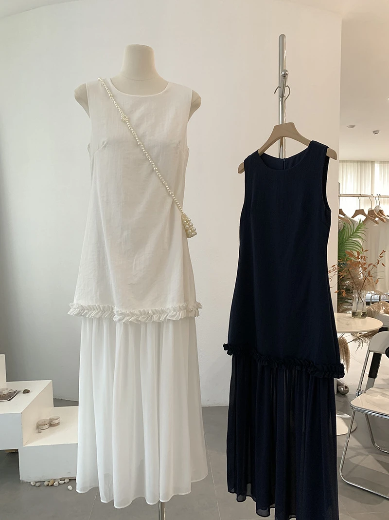 假两件背心木耳边拼接连衣裙女气质网纱长裙夏季新款显瘦无袖