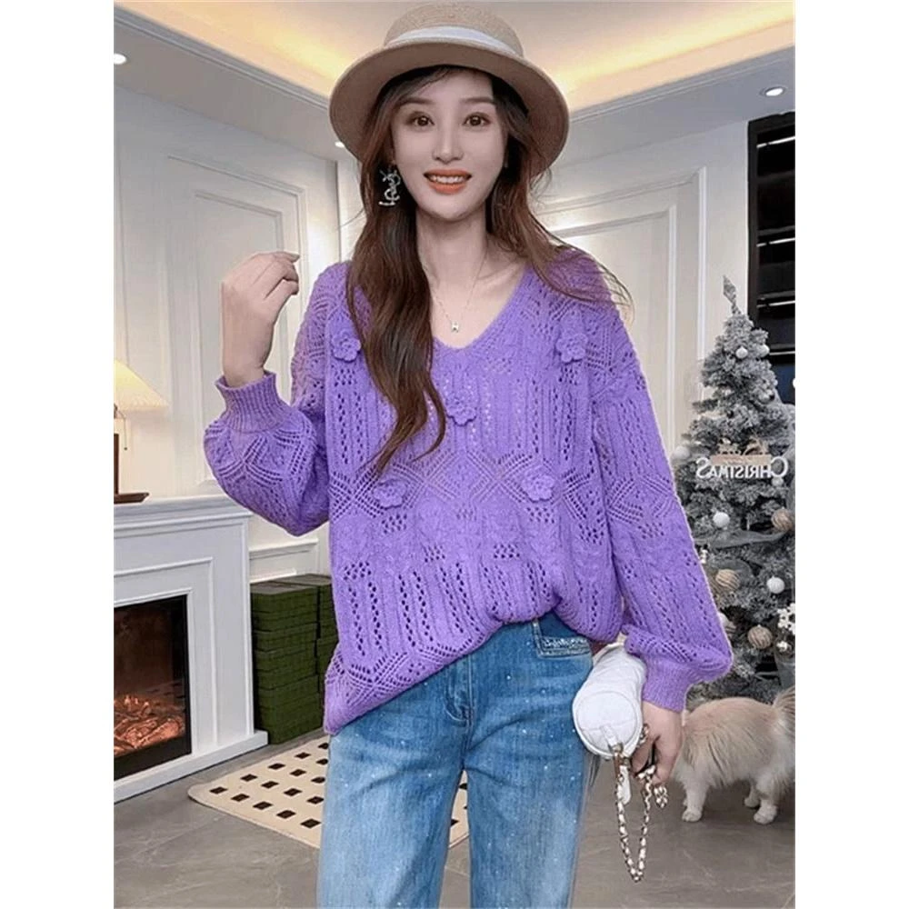 2025时尚镂空钩花薄款针织衫女春夏新款韩系设计感外穿爆款毛衣潮