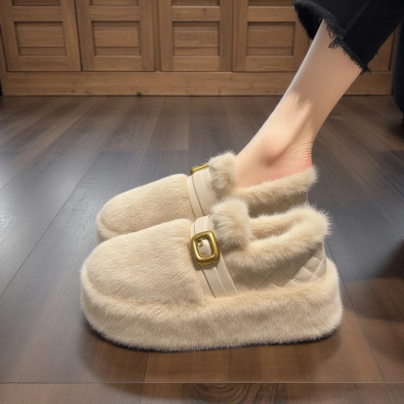【兔毛绒】厚底毛毛鞋女外穿2025秋冬季皮带扣白色加绒保暖孕妇棉鞋