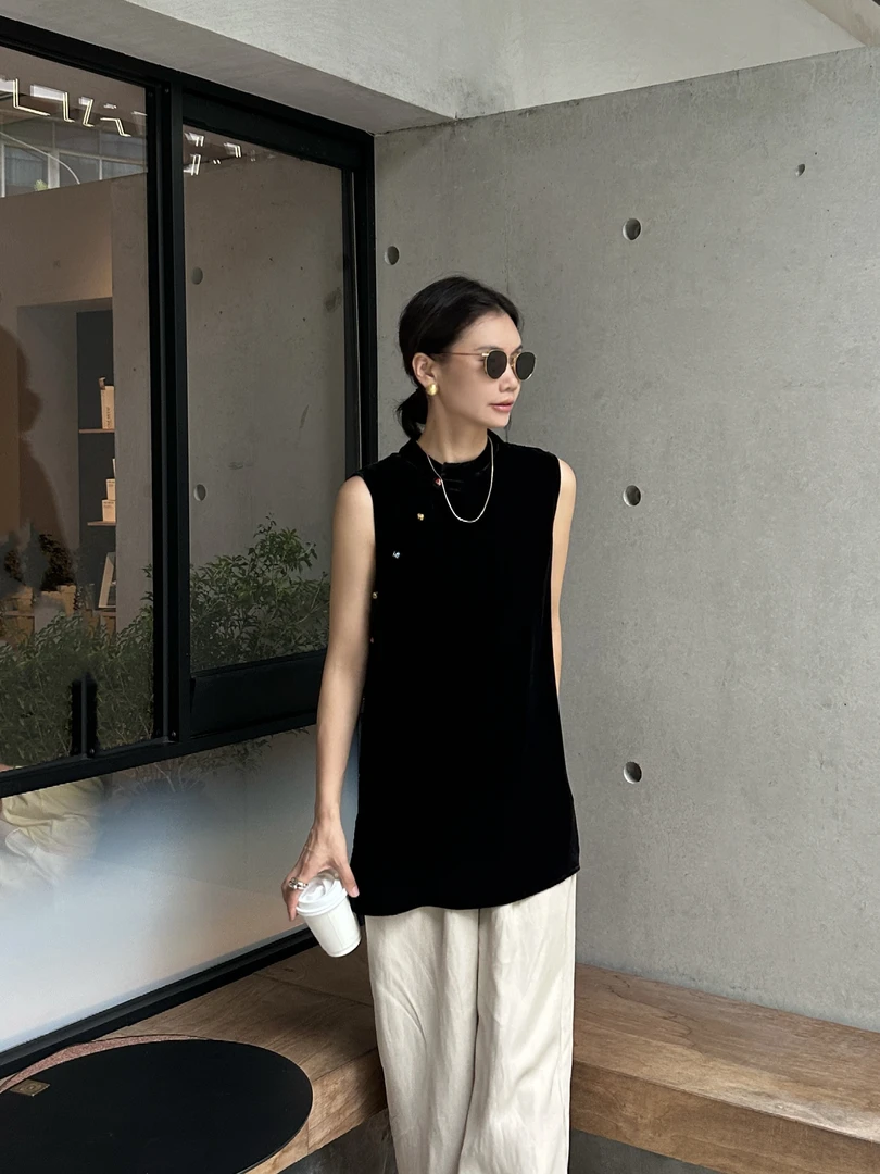 「公子哥」真丝丝绒背心彩色玉石扣立领中国风桑蚕丝中长款上衣