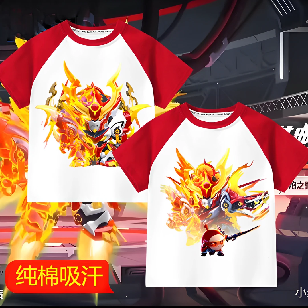 宝宝新款蛋仔派对天火麒麟衣服儿童纯棉短袖红色夏季童装卡通上衣