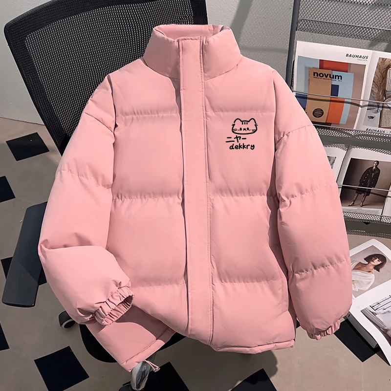 Dekkry韩版学院风卡通字母印花冬季加厚防风粉色棉服男女宽松外套