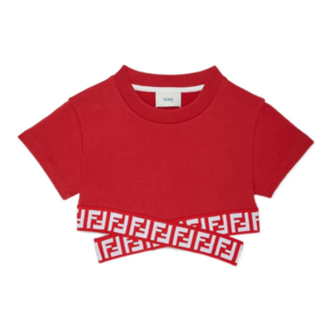 全新未使用 FENDI/芬迪 Logo印花圆领短袖T恤红色/12+/D00900
