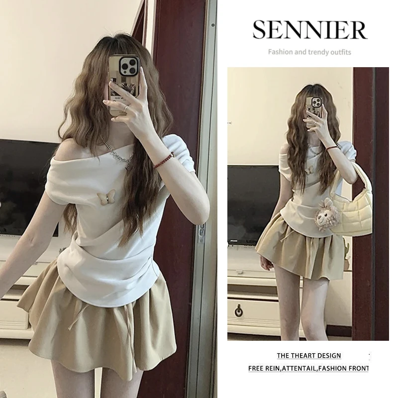 夏季穿搭女2025夏季新款洋气百搭收腰修身斜肩上衣显瘦短裙两件套