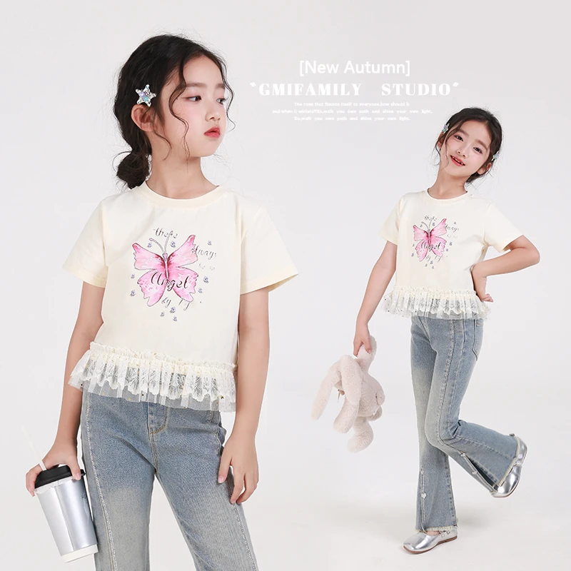 80616女童韩系纯色网纱蕾丝花边拼接T恤2025新款女宝时尚百搭上衣
