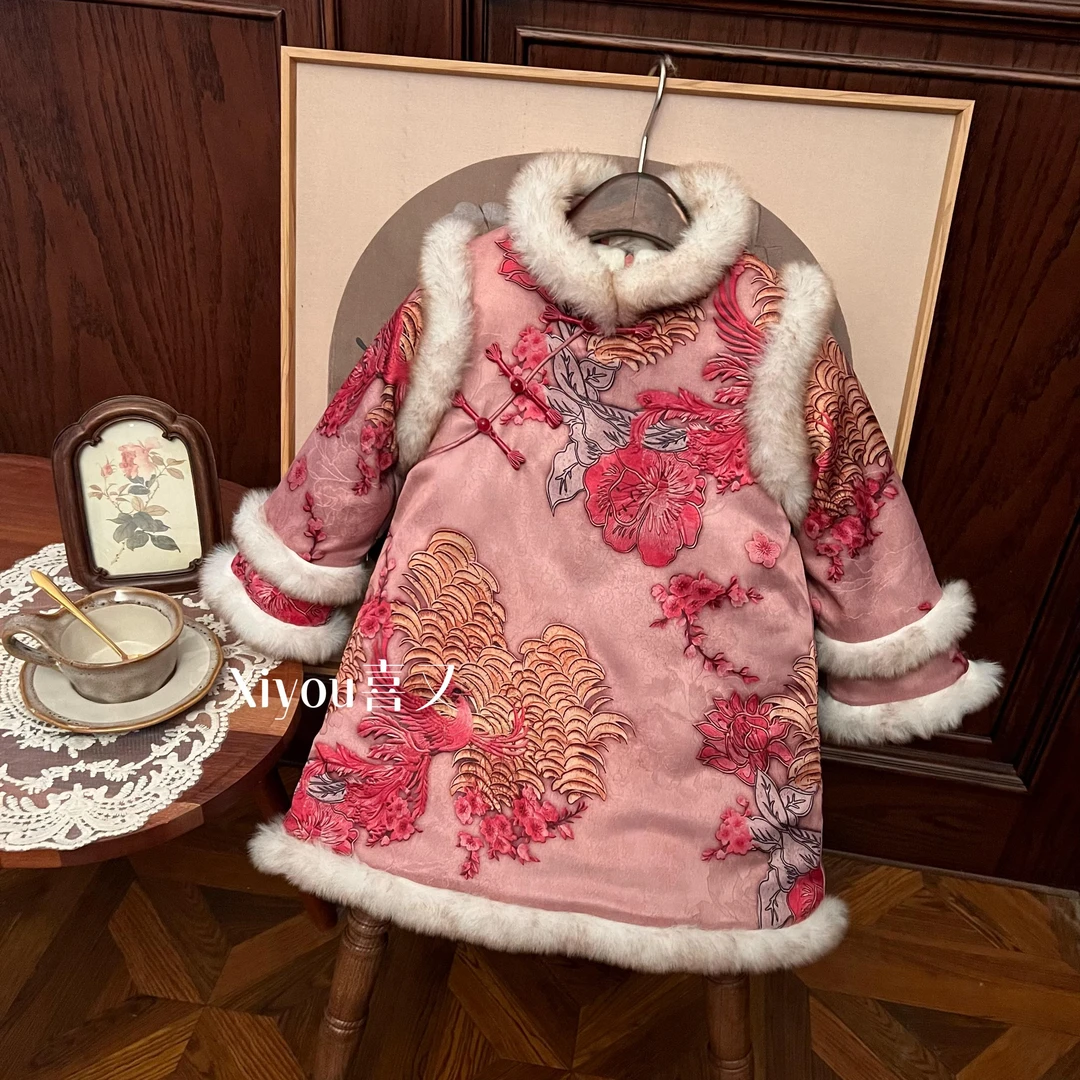 凤鸣朝阳2024女童冬款新中式织锦提花加绒国风连衣裙拜年服24845