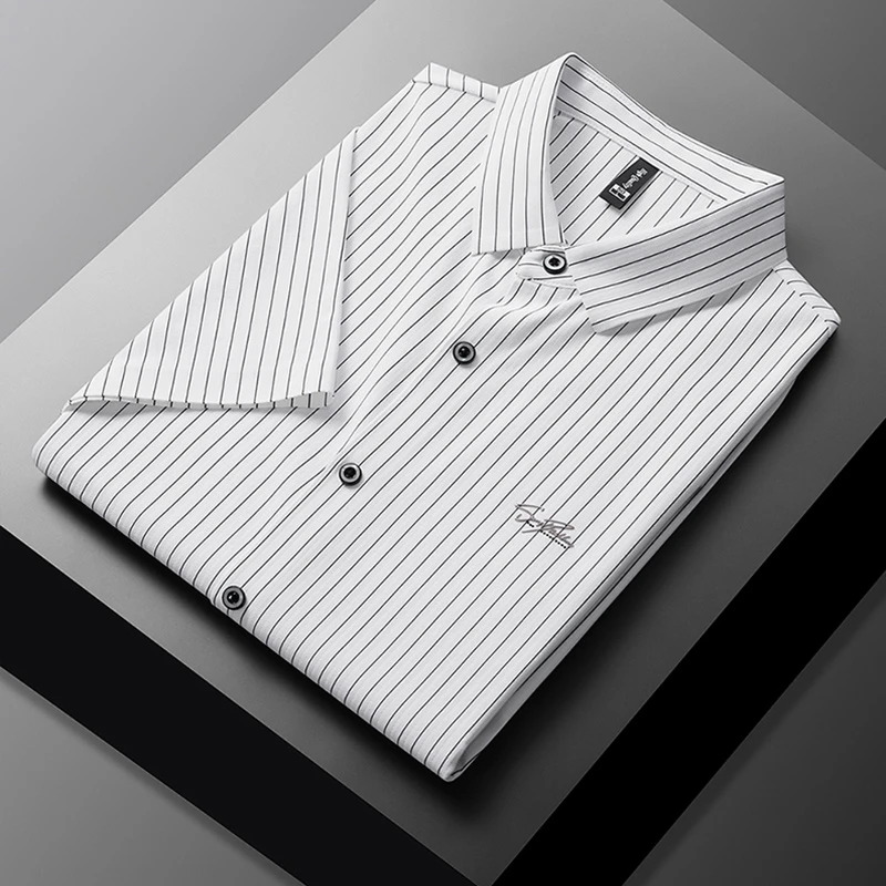 夏季新款保罗轻奢桑蚕丝亮钻衬衫百搭时尚高档弹力翻领POLO衫男