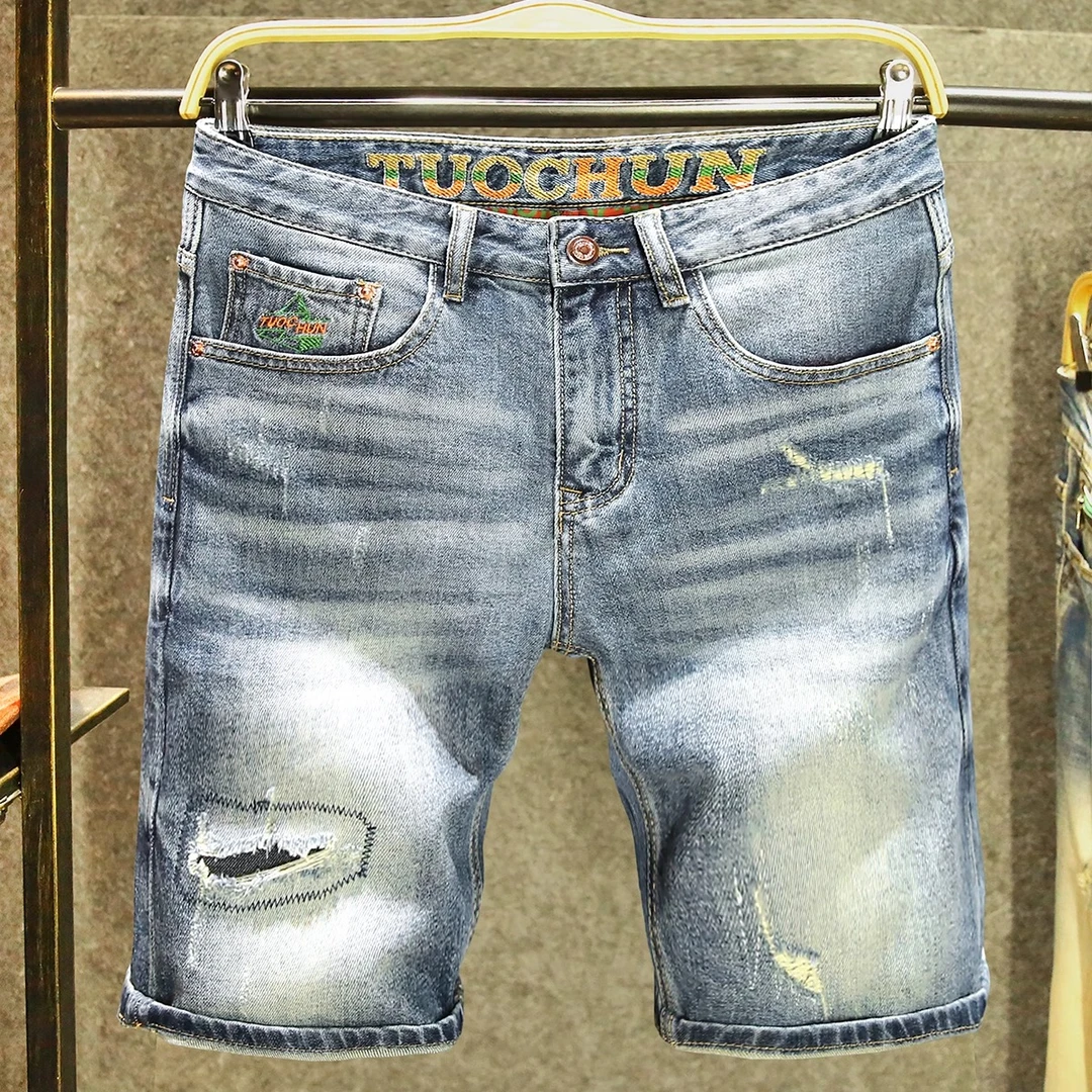 Cebrodz美式破洞牛仔短裤男2025夏季水洗刮烂中裤宽松直筒五分裤