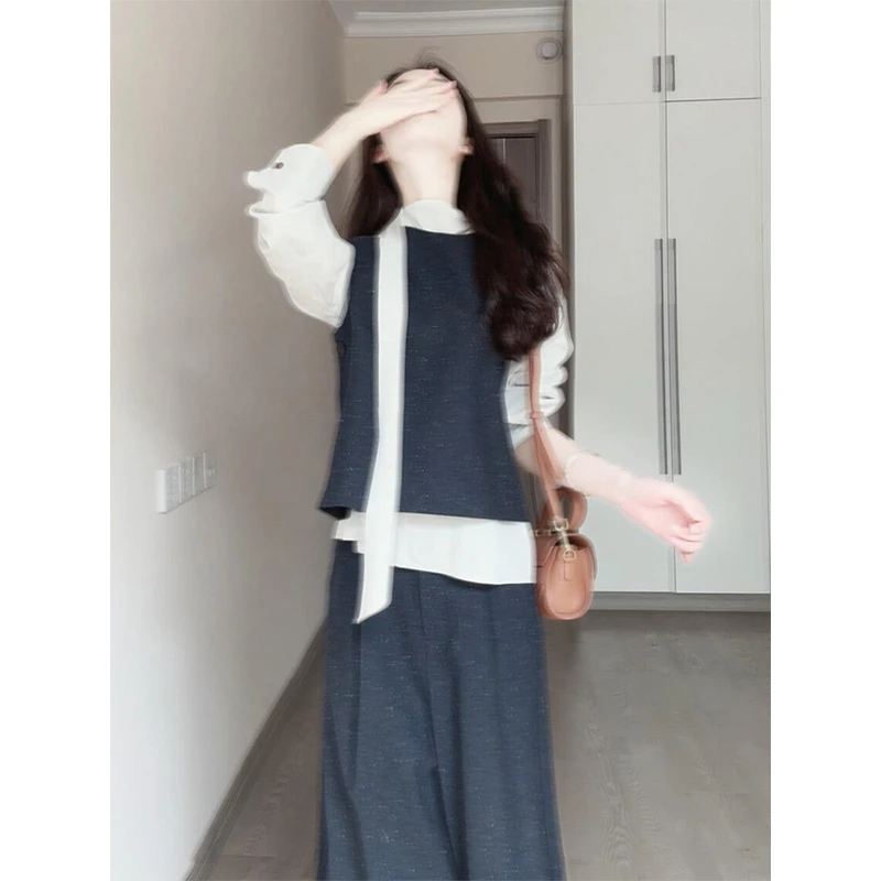 parkyeon法式气质圆领马甲背心内搭打底衬衫女百搭直筒休闲裤套装