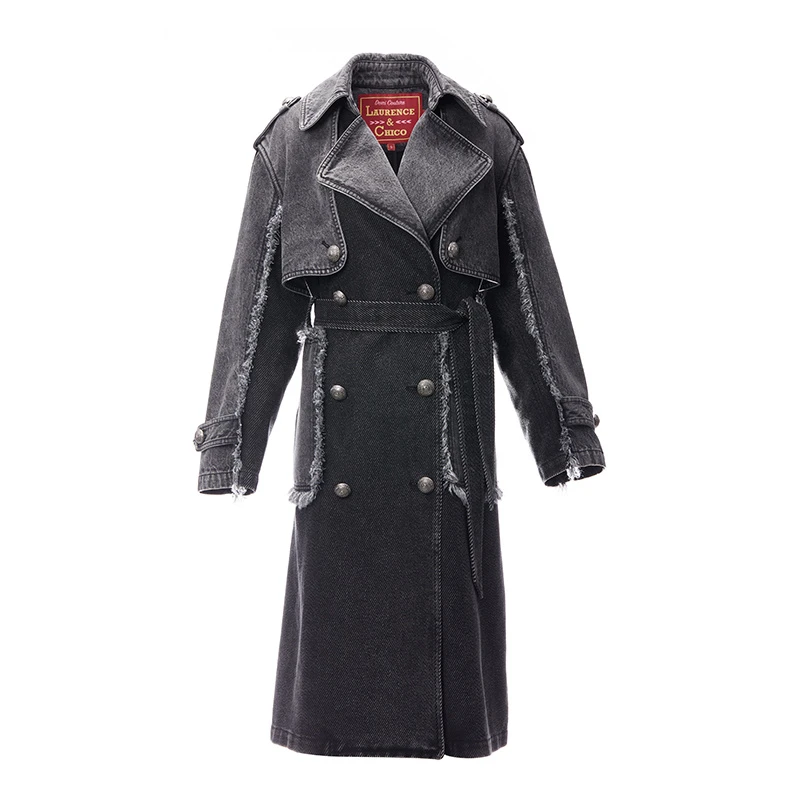 LAURENCE & CHICO重工牛仔拼毛须边风衣，黑色D4AD10112018