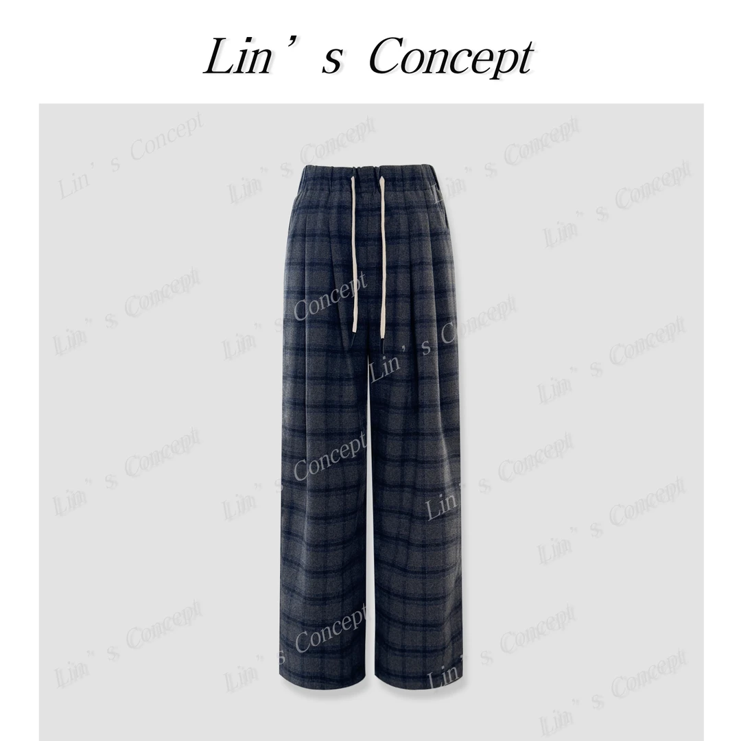 【Lin's concept】秋冬格纹松紧老钱百搭直筒裤DL2407060