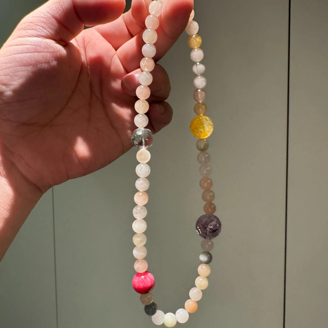 天然水晶彩兔毛/美料/冰川紫/绿菠萝/胶花双圈手串8M C465