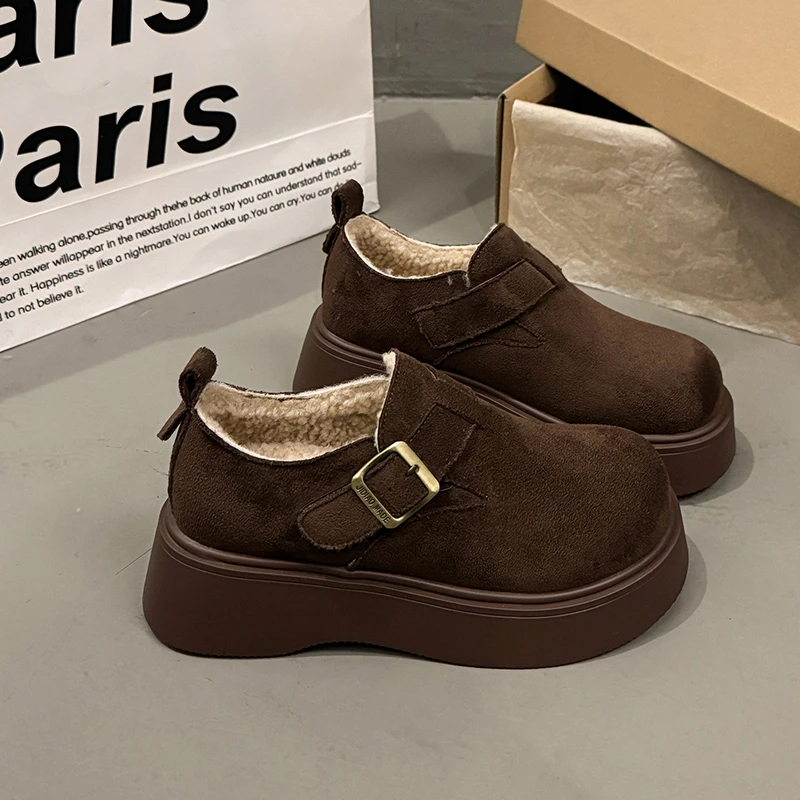 2025冬季新款女勃肯高级软底增高厚底乐福鞋皮带扣魔术贴加绒