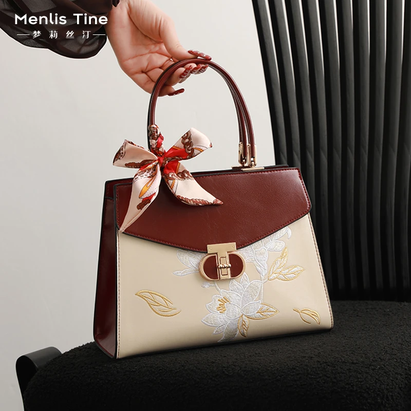 新中式国风刺绣真皮妈妈包2025新款气质轻奢手提大容量单肩斜挎包