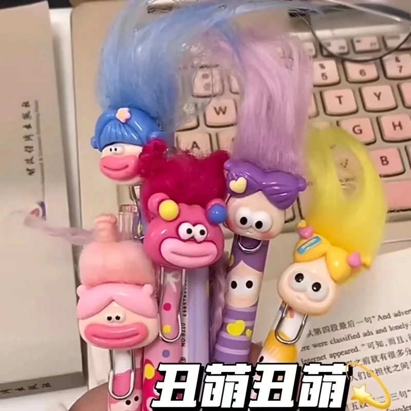 2025新款按动式ins搞怪卡通炸毛款可爱大嘴娃娃中性笔学生耐用顺