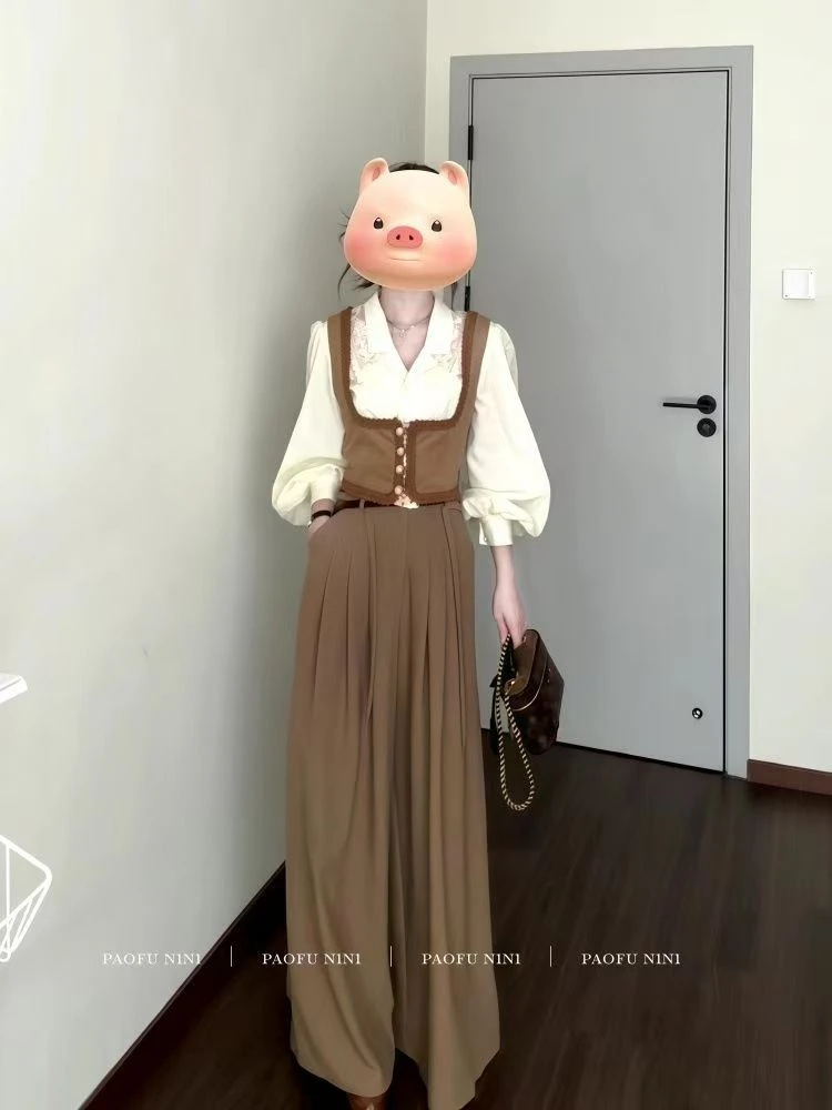 【茵茵专属】1复古气质蕾丝衬衫长袖上衣咖色马甲背心长裤显瘦套装