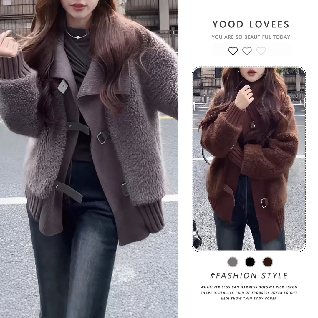 韩系设计感拼接针织翻领短外套女2025年秋冬新款气质显瘦减龄上衣