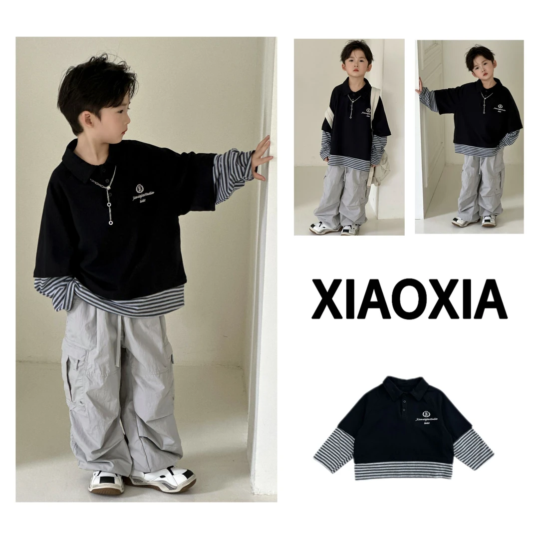 XXJ 2312 黑纹徽章【叠影】学院风男孩假两件长袖衫