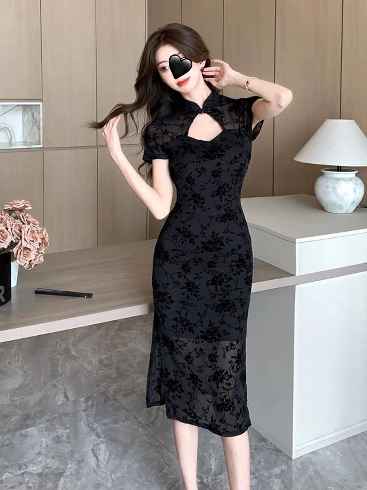 【丸子家】复古名媛蕾丝改良旗袍连衣裙3559短3558长