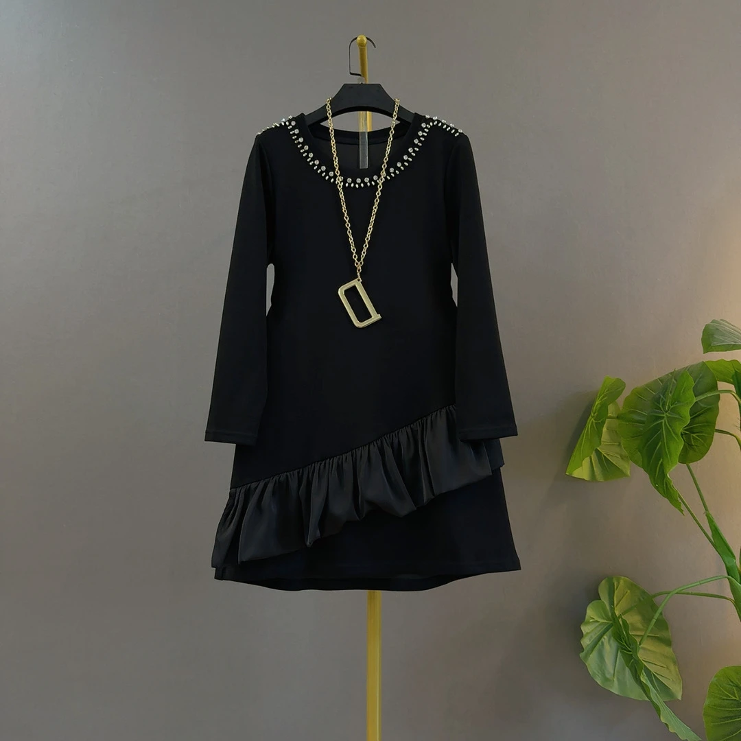 秋季新品韩版亮钻圆领拼接显瘦遮肉时尚大码连衣裙