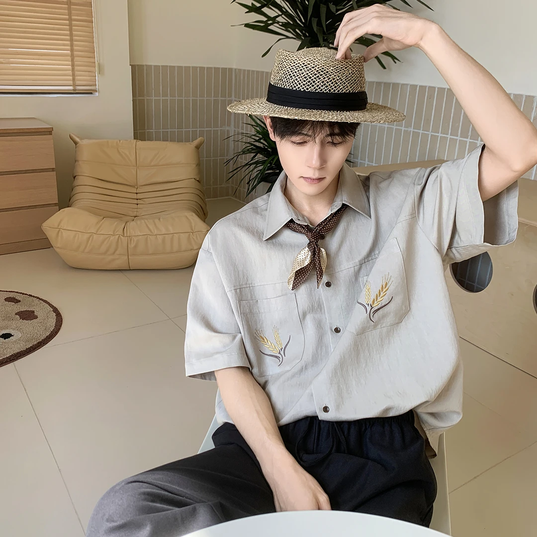 白口阳【麦田咖啡】vintage麦穗古巴领衬衫中性风夏季宽松衬衣C608